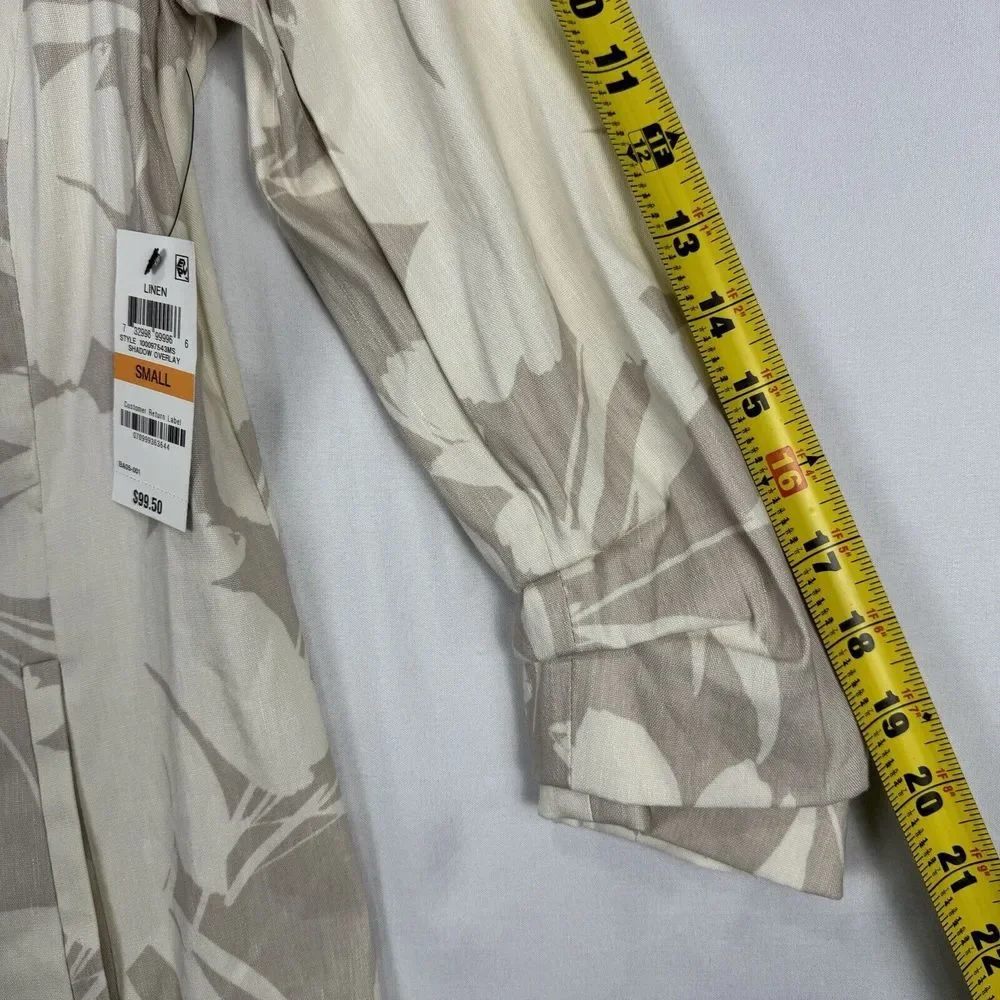 Alfani Floral Linen Cardigan Size Small Long Tan Draped Open Front Ruched Sleeve